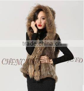 CX-G-B-216 New Style Short Raccoon Fur Trim Knitted Rabbit Fur Coat Hood