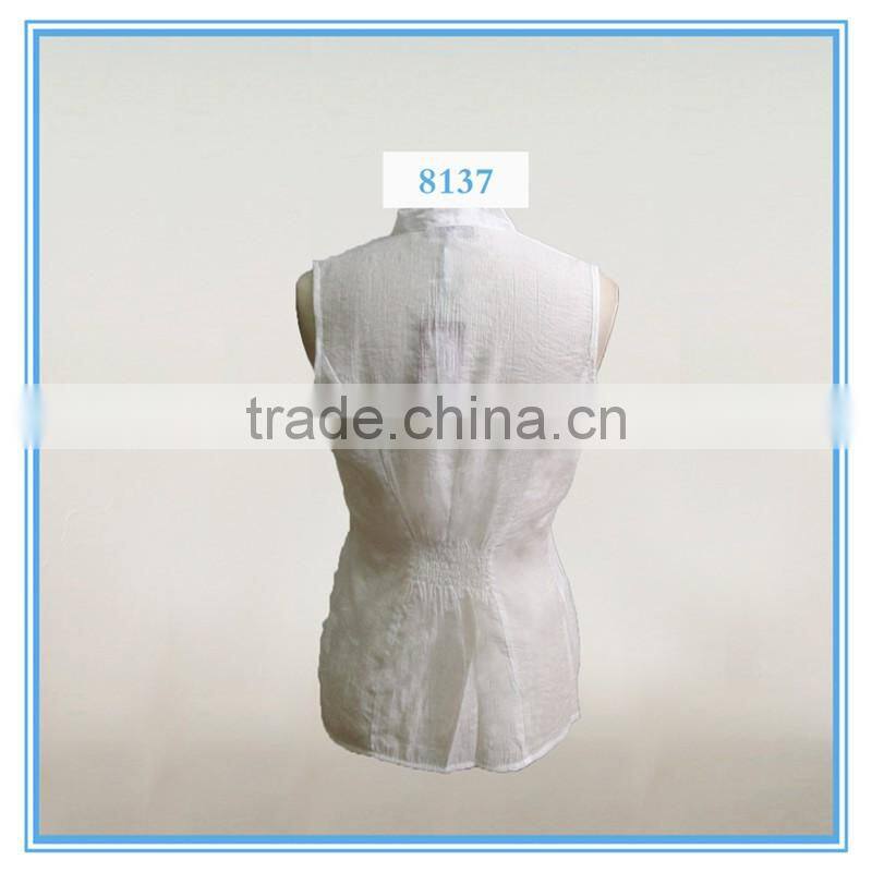 Latest New Design Casual Shirt Pleated Design White Sleeveless Blouse