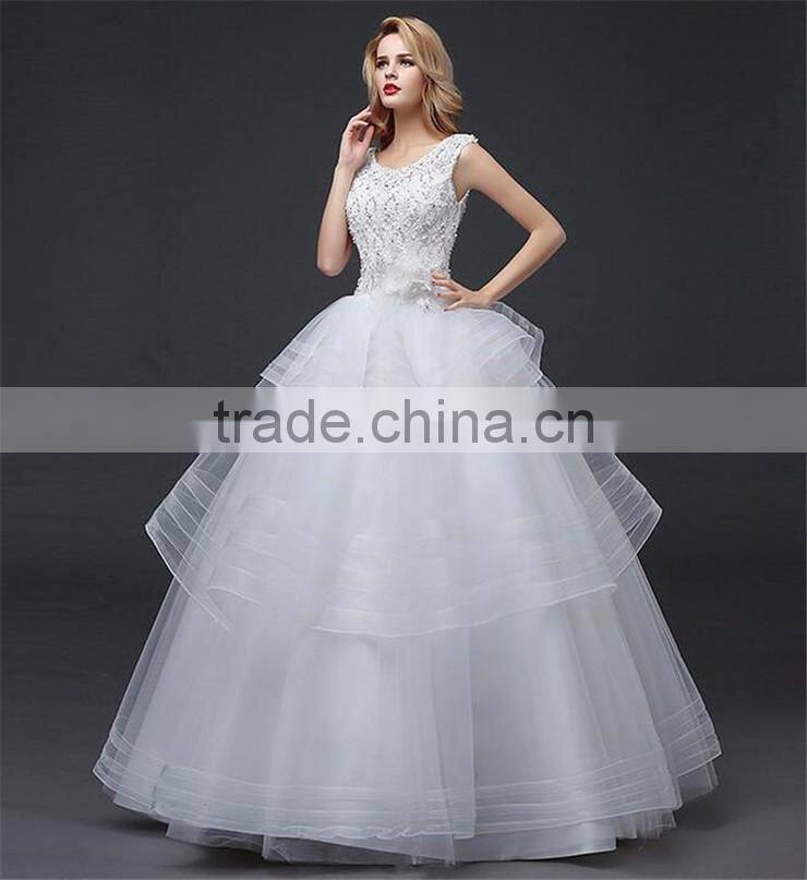 Cream Sleeveless A-line Tiered Wedding Dress Beaded Corchet Cut Out Back Crisscross Bride Grown