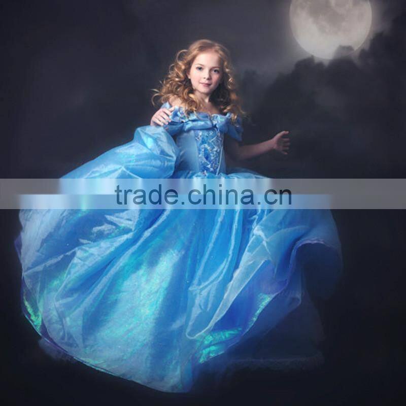 2015 OEM Service Kids Girls Cinderella Butterfly Blue Princess Girl Party Dresses Cosplay Costume Cinderella Lace Dress