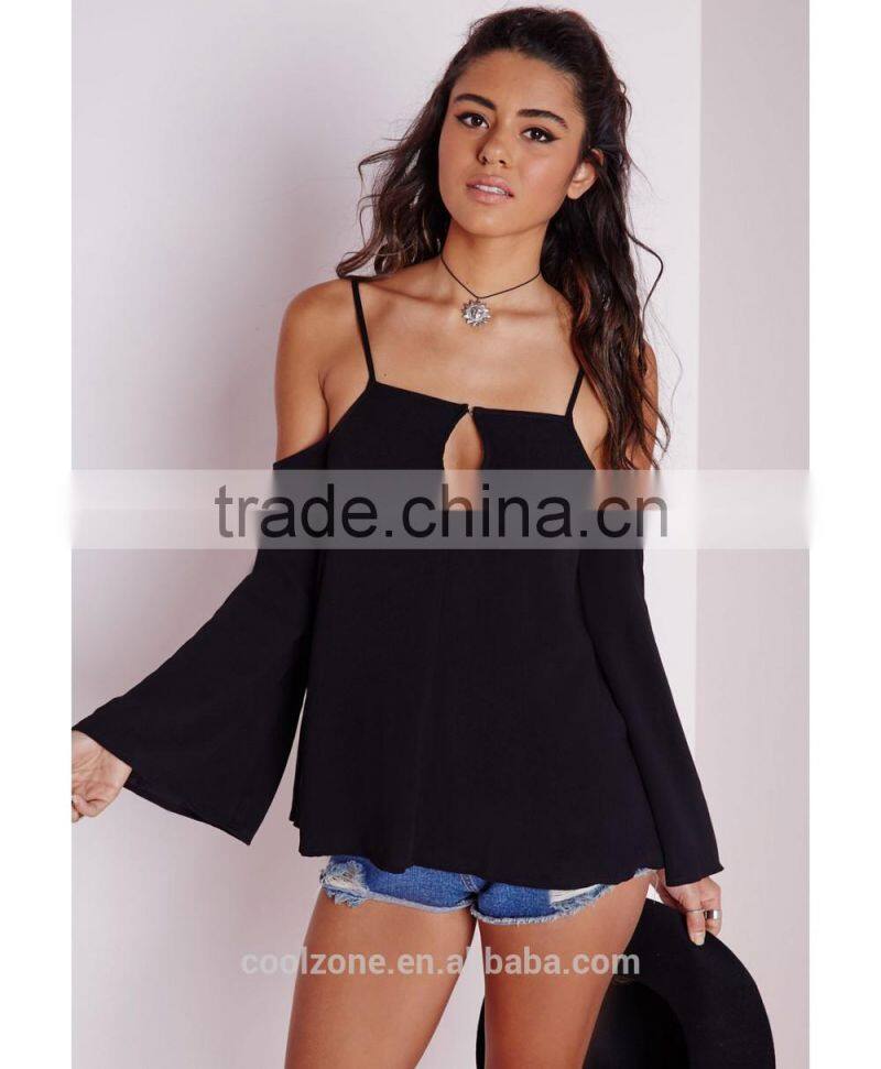 Latest design open shoulders thin straps woman blouse