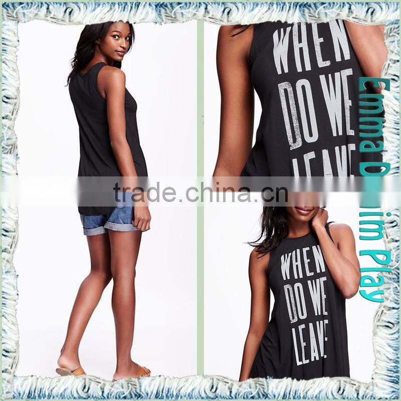 Latest Design Girls Words Printed Round Neck Sleeveless Grey Cotton Tank T Shirt