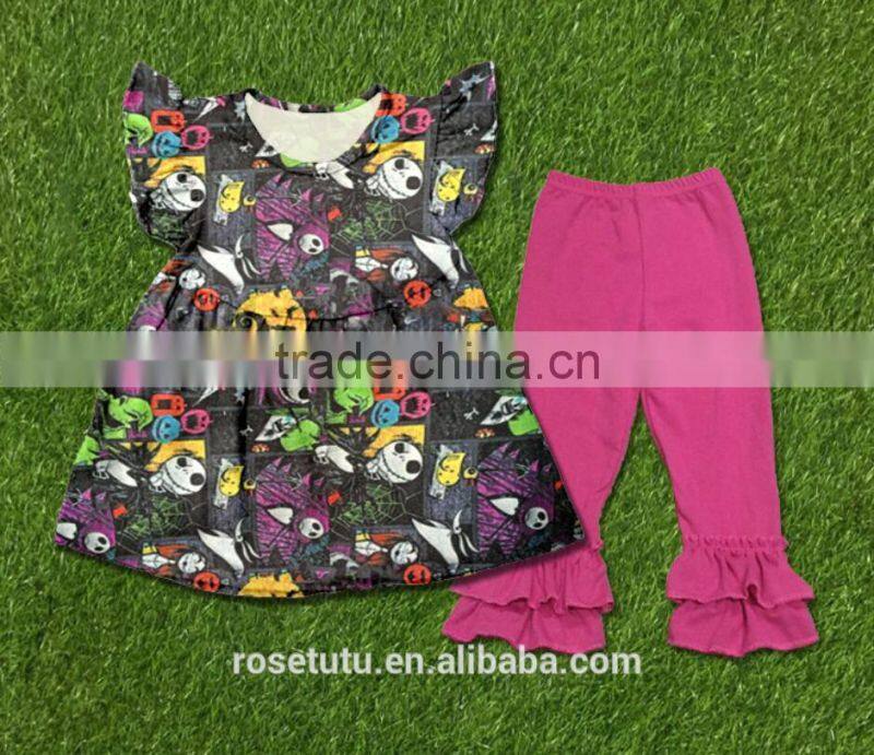 New design baby girl yellow top dress yellow ruffle floral print pants boutique clothing set