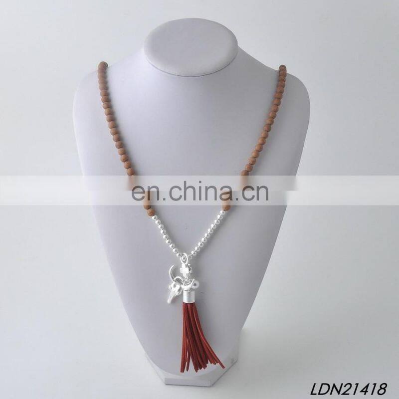Wron Siver Wooden Beaded Suede Tassel Necklaces