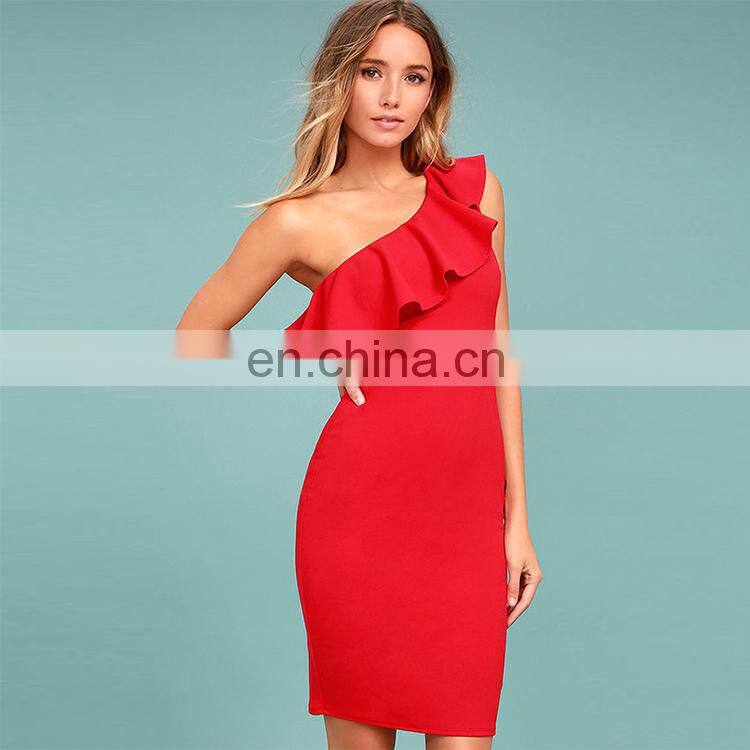 ladies one shoulder ruffle sheath bandage dress fashion bodycon midi dress