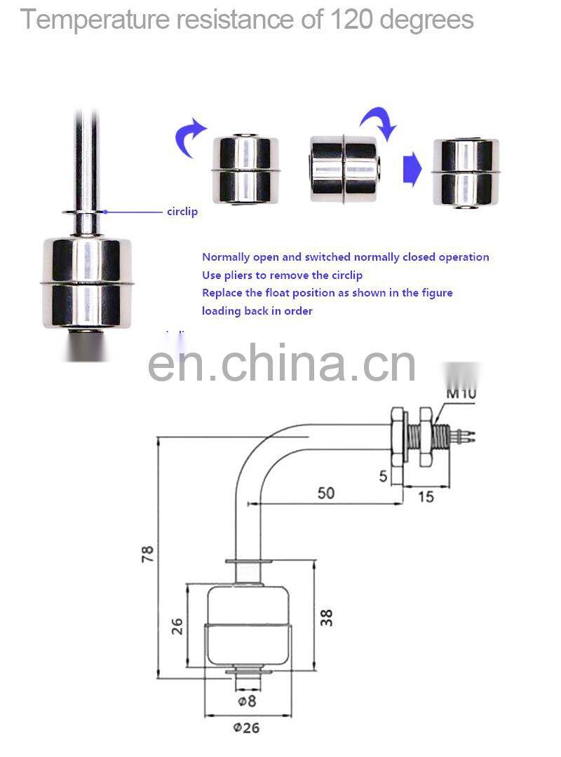 304 White Stainless Steel Float Switch L type Liquid Water Level Sensor Switch Internal Float Switch 120 Degree