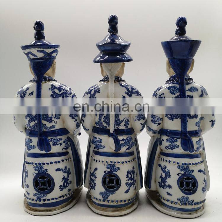 Vintage Antique Style Set of 3 Blue and White Emperors Ceramic Figurines Sculptures