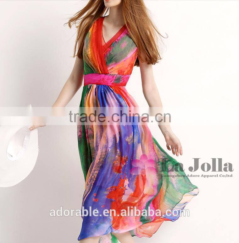 2016 new fashion design women dress sleeveless maxi dress printed chiffon summer dress