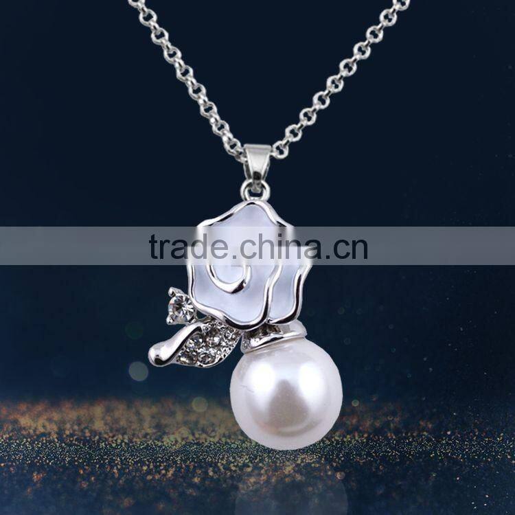 Rose Pearl Jewelry Sets Silver Plated Pendant Neckalce & Earrings set For Women