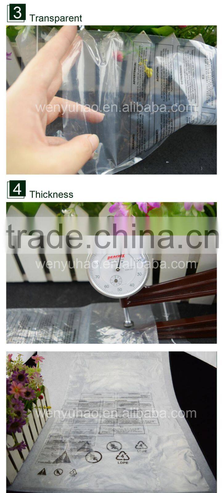 printed flat clear self adhesive strip Folding PE Bag with eight kinds of language high quality printing