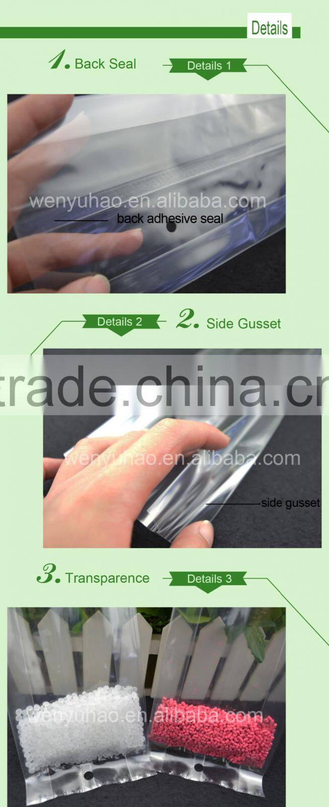 PET / CPP lamination transparent side gusset plastic bag with adhesive seal
