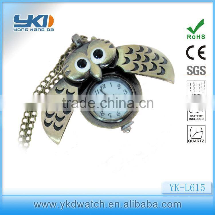 2014 PROMOTIONAL GIFTS alloy case antique owl pendant watch with pendant necklace
