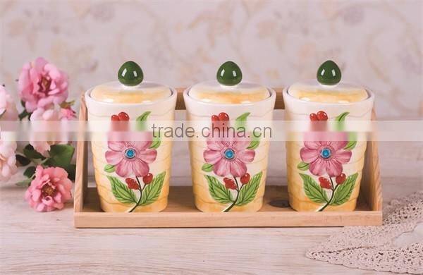 Olive Handpainted Ceramic Tea Coffee Sugar Canisters Set with Bamboo Stand