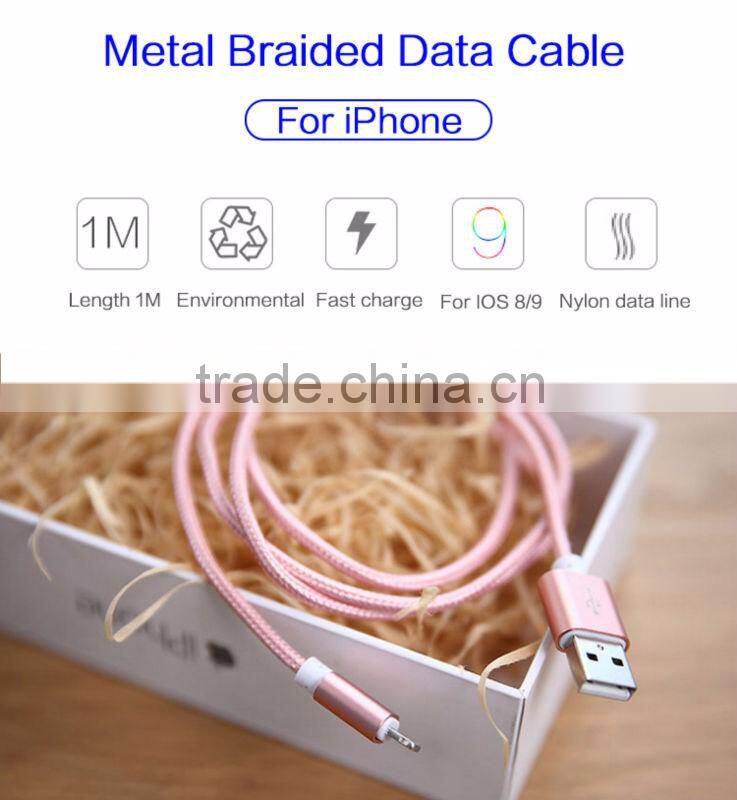 Top quality Mobile Phone USB Sync Data Cable 1m Nylon Data Line 2A Fast charge for Apple iPhones 5/5s/se/6/6s/6s plus/ipad mini