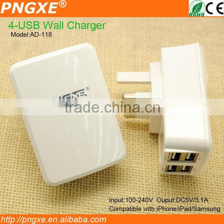 5V 3100MA 4usb port travel charger with UK/US/EU for mobile phone