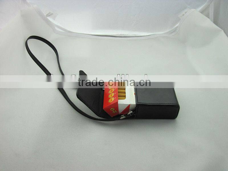 black pu leather cigarette case with strap,close by magnet buckle