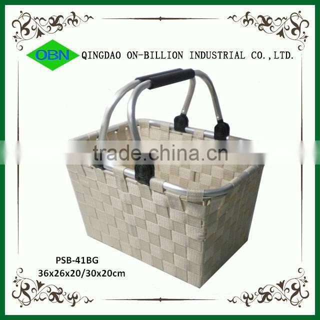 Hand woven nylon webbing shopping basket with double aluminium handles