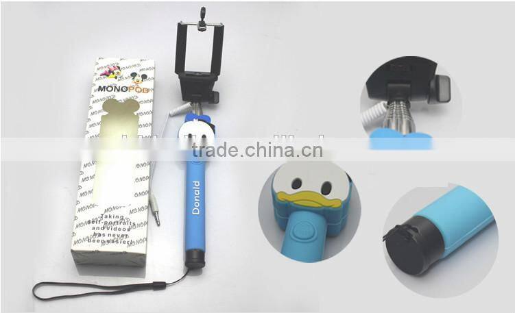 With cute cartoon design handheld extendable Cable Take Pole selfie stick/ cartoon monopod/ wire selfie stick
