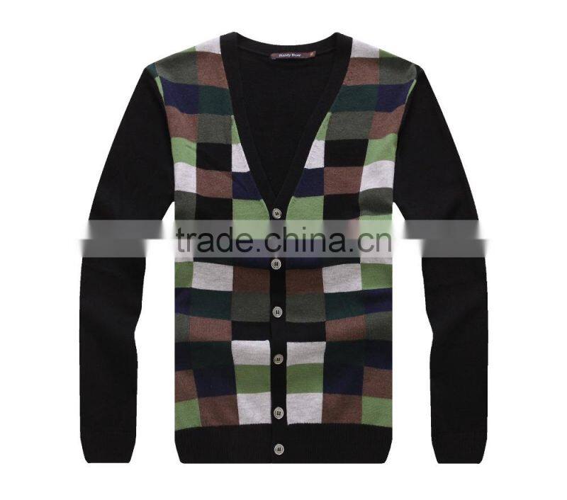 100% fine wool men's knitwear cardigan with check pattern