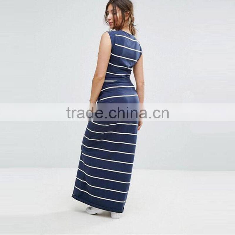 2017 Summer Latest Maxi Dress Women Crew Neck Long Striped Dress HSm9148