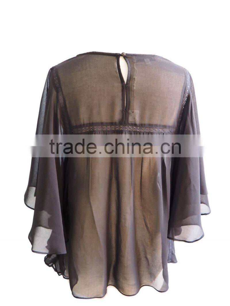 Sexy Chiffon Fluffy Bat Sleeve with Floral Embroidery Design Ladies Blouse Top