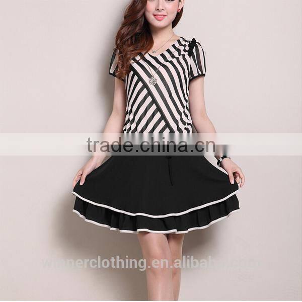 latest striped blouse and double layer skirt casual Suit For Woman With Skirt