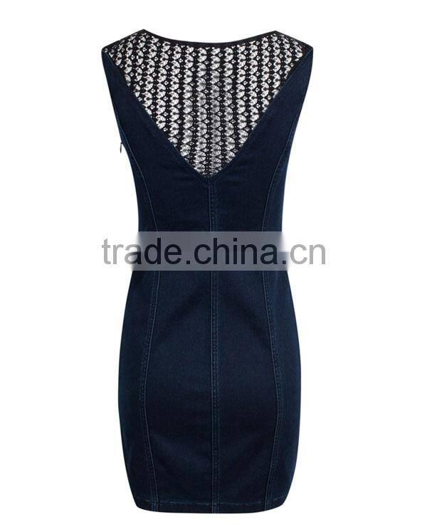 Alibaba express clothing manufacturing ladies' slim fit sleeveless hollow denim adult fairy dresses