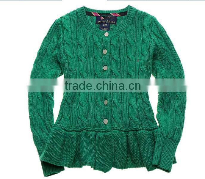 latest children girls cable knit ruffle buttom down long cardigan sweater