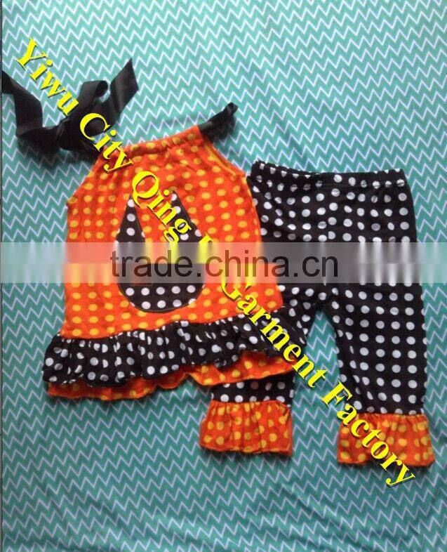 Persnickety Baby Girls Cotton Halloween Outfit Boutique Kids Yellow Stripe Long Sleevs Shirt with Brown Tripe Ruffle Pant Sets