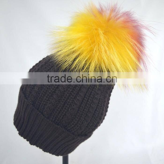 Myfur Black Color Unisex Winter Woolen Beanie with Fur Pompom Top