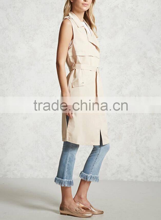 Fashion Longline Plain Women Work Vest with belt sleeveless jacket for ladies