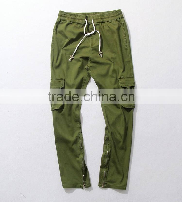 Mens green pocket inside hem zipper woven fashion pants