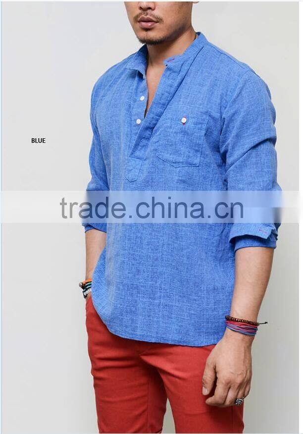 Men's Long Sleeve Blue Laid-back Holiday Linen Pull Over Henley Mandarine Shirt