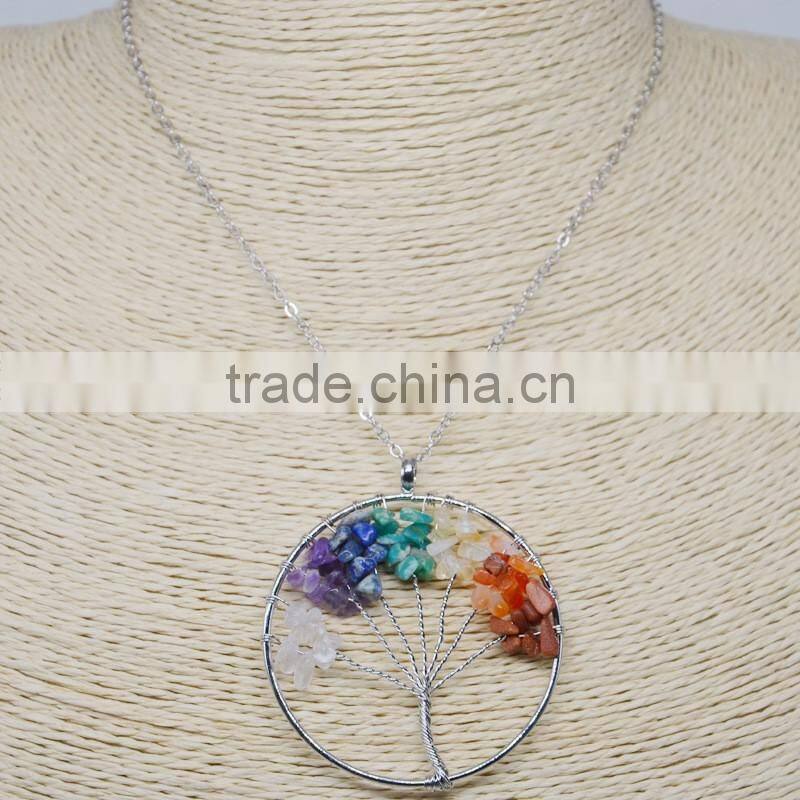 Natural Amethyst Reiki Chakra Tree of Life Crystal Wire Wrapped Pendant Necklace