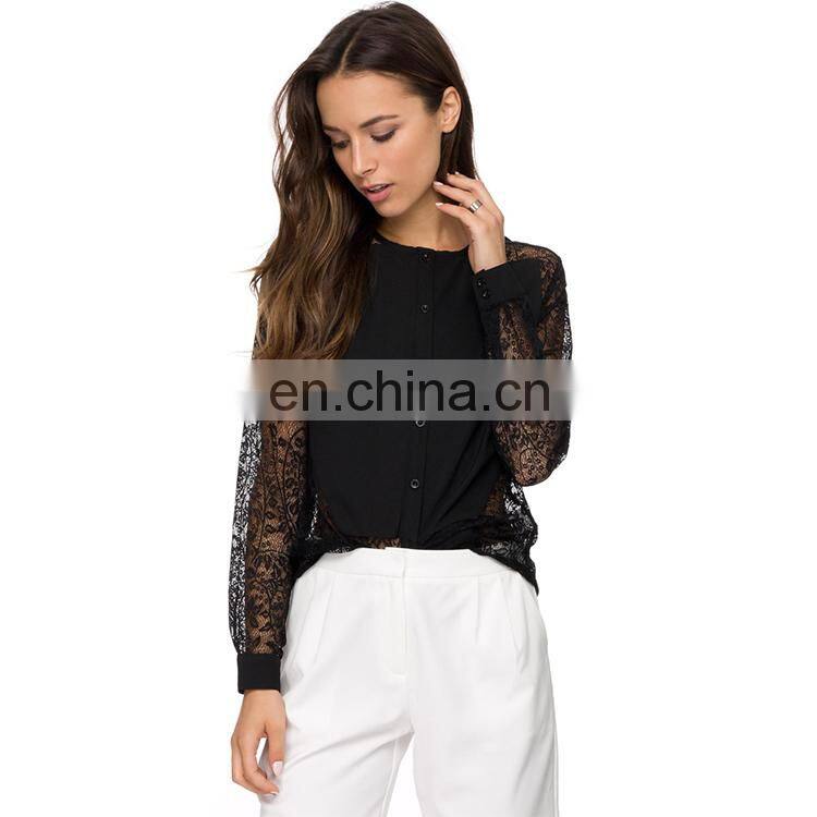 long sleeves black lace fashion blouses 2015