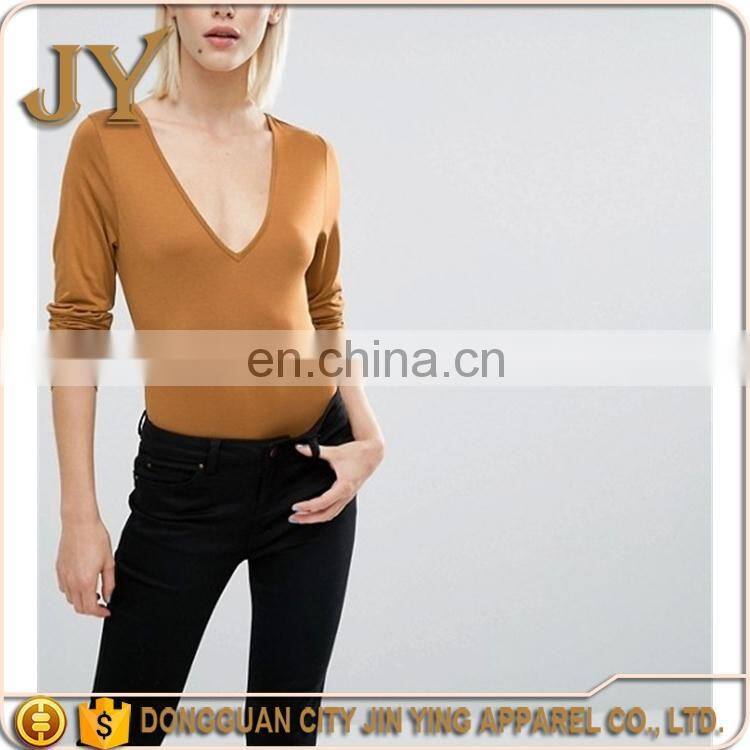 Custom Causal Long Sleeve T-shirts V-neck Tops Tan Color Tops for Women Tops for Women