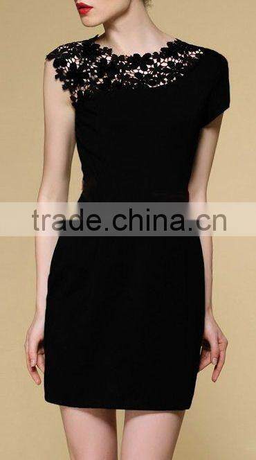 High Quality 2014 new youth o-neck short sleeve mini Party Dress with asymmetric appliqued sheath teenage party dress