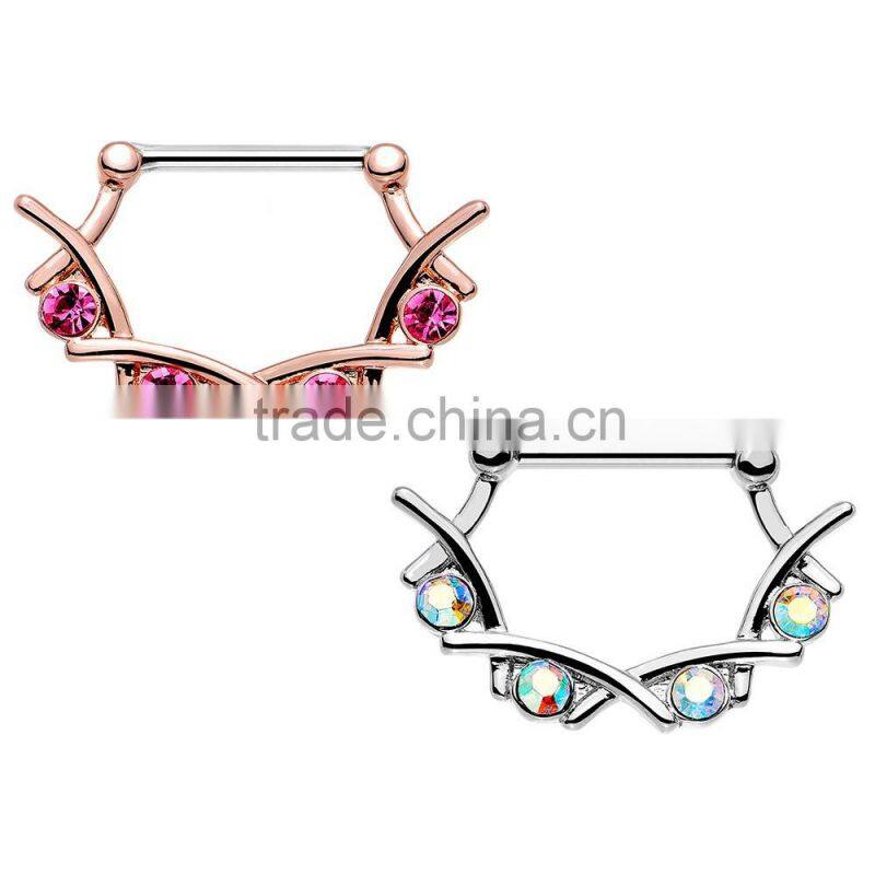 Pink/Aurora Gem Steel Rose Gold Plated Jagged Quartet Nipple Clicker