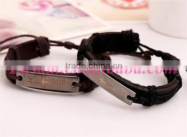 Cheap leather cuff bracelet with engraved metal plate,teen leather bracelet