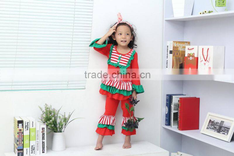 wholesale red boutique ruffle Christmas outfits two pieces Christmas pajamas for baby girls