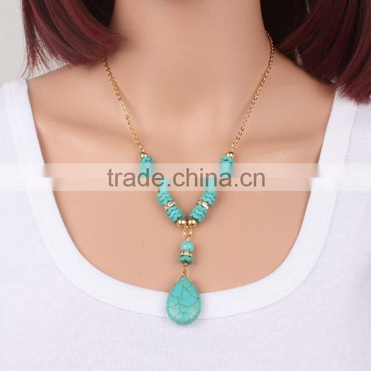 Gold-plated multilayer thin chain turquoise beaded necklace pendant necklace