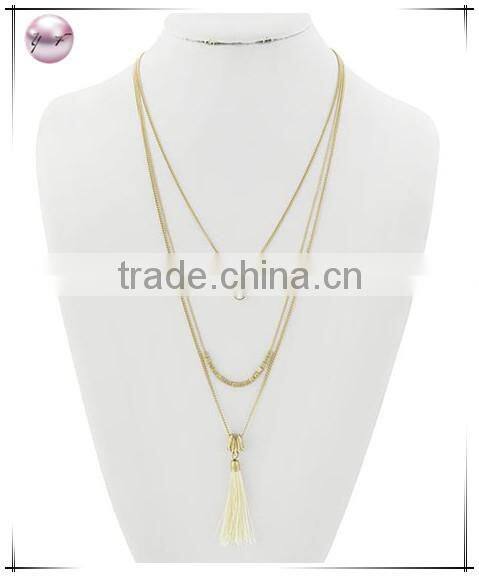 Matte Gold Tone Purple Thread Clear GlassMetal Layer Tassel Pendant Necklace