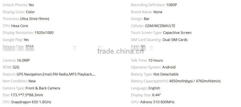 2016 New Orignal Xiaomi Mi Max 3GB +32GB Snapdragon 650 Hexa Core 6.44 Inch FHD 4850mAh Touch ID smart phone