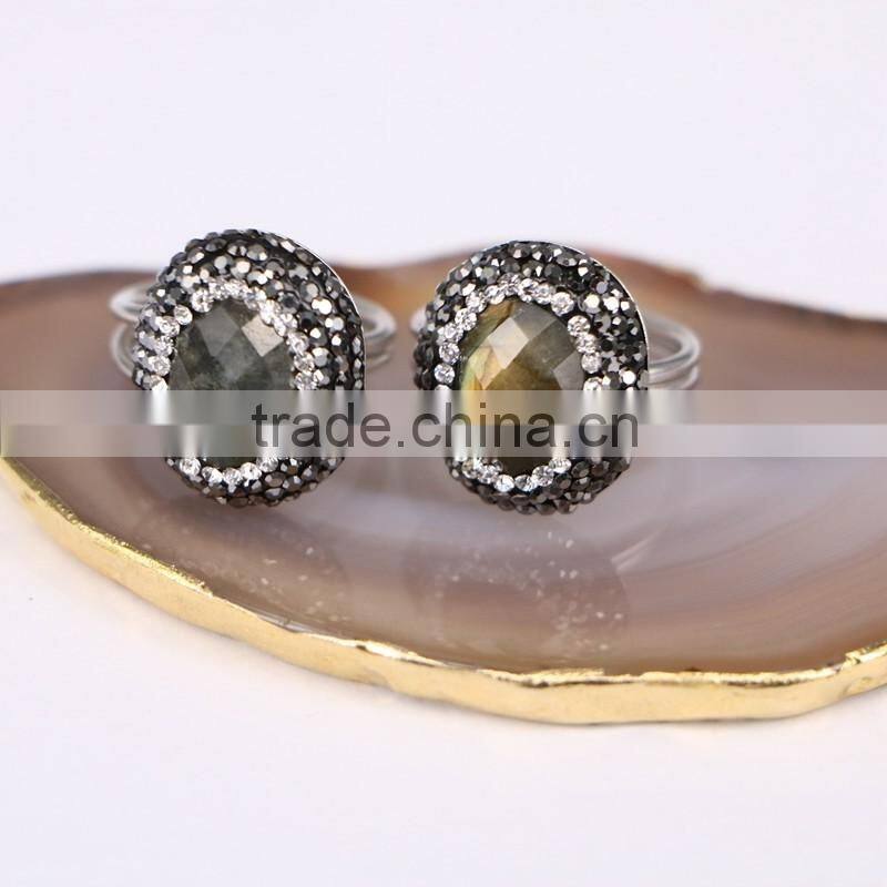 Natural Labradorite Stone Ring, Metal Gold Plated Ring, Pave Setting Crystal Jewelry Finger Gold Plated Druzy Ring