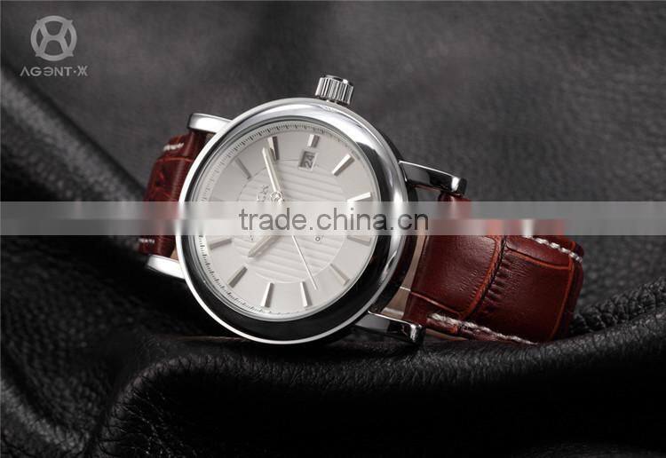 Steel Case White Dial Date Quartz Analog Genuine Leather Band Men Wrist Watch