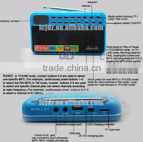 L-015 2015 hot mini fm auto scan radio with mp3 player and speaker