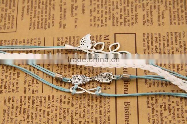 Fashion Vintage Leaf bird Infinity Cross Owl leather bracelet Multilayer leather bracelet