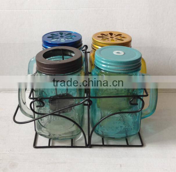 2 pcs glass mason mug cup set with handle and iron stand