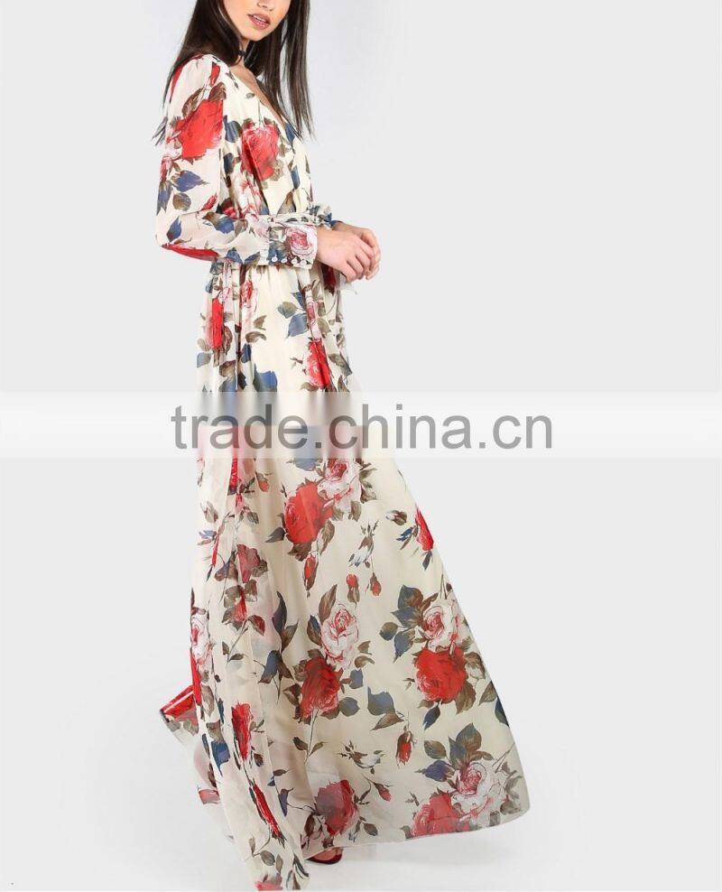 women clothing/women dresses/Rose Print Cuffed Long Sleeve Belted Wrap Dress