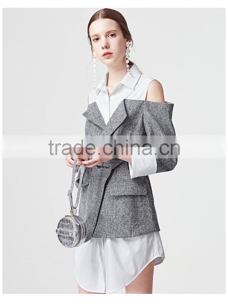 2017 new design cold shoulder long sleeve fake 2 piece shirt